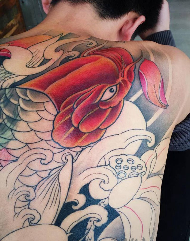 满背鲤鱼未完成纹身图片_背部腰部新传统纹身图案