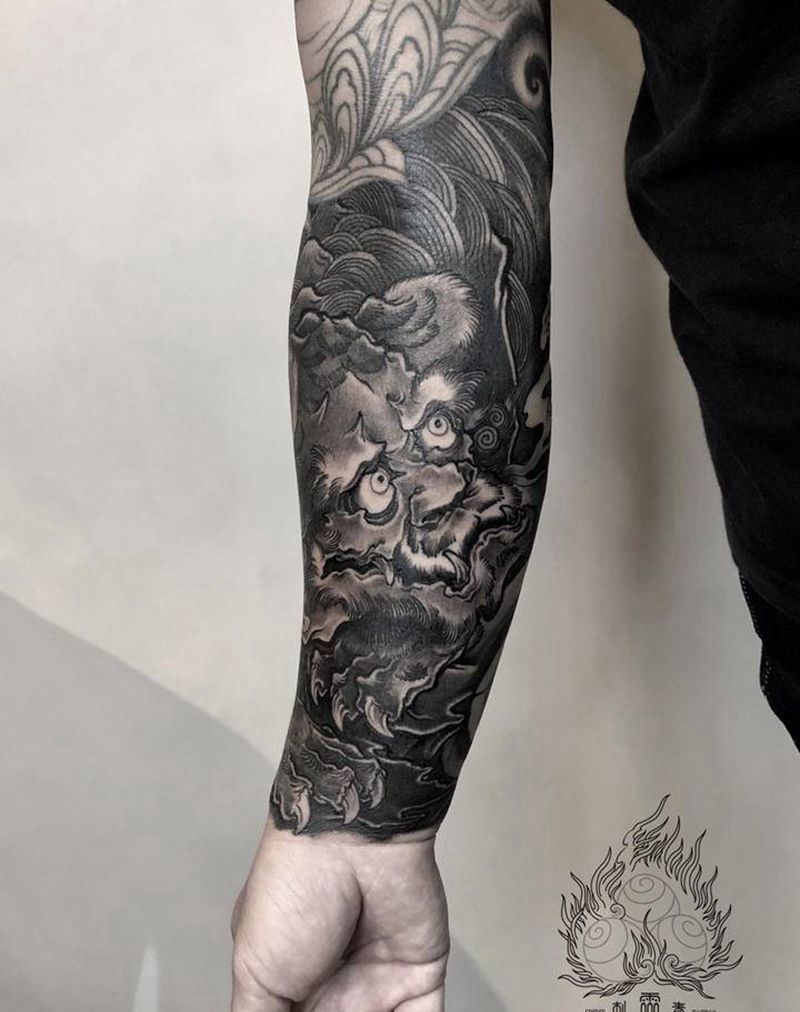 唐狮纹身图片_手臂新传统唐狮纹身图案