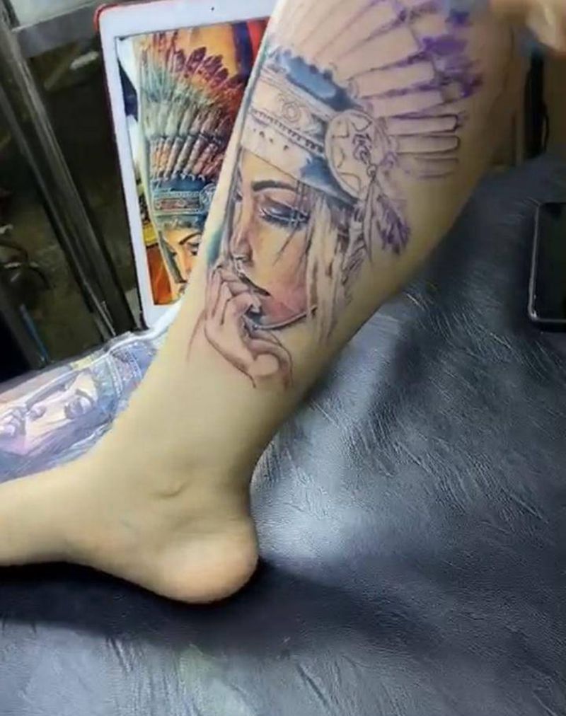 印第安人纹身图片_腿部欧美写实纹身图案