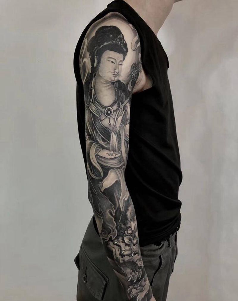 文殊菩萨唐狮纹身图片_手臂新传统文殊菩萨唐狮纹身图案