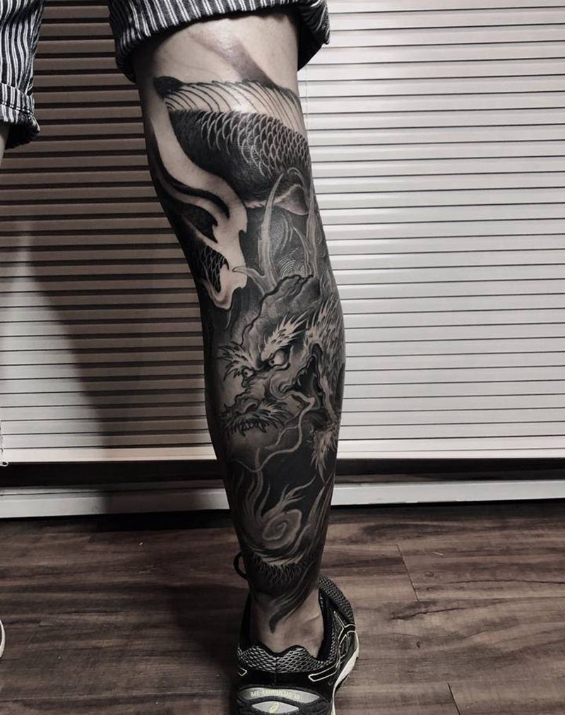 龙纹身图片_腿部新传统龙纹身图案
