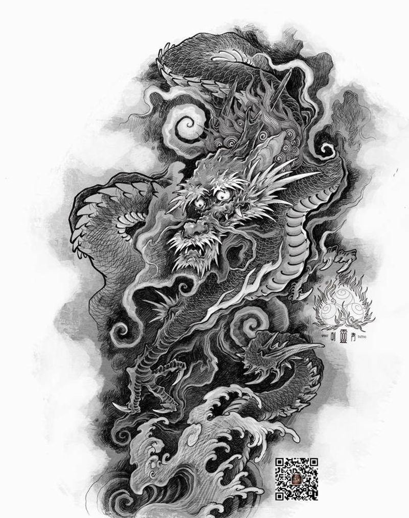 花臂龙手稿纹身图片_手臂新传统龙纹身图案
