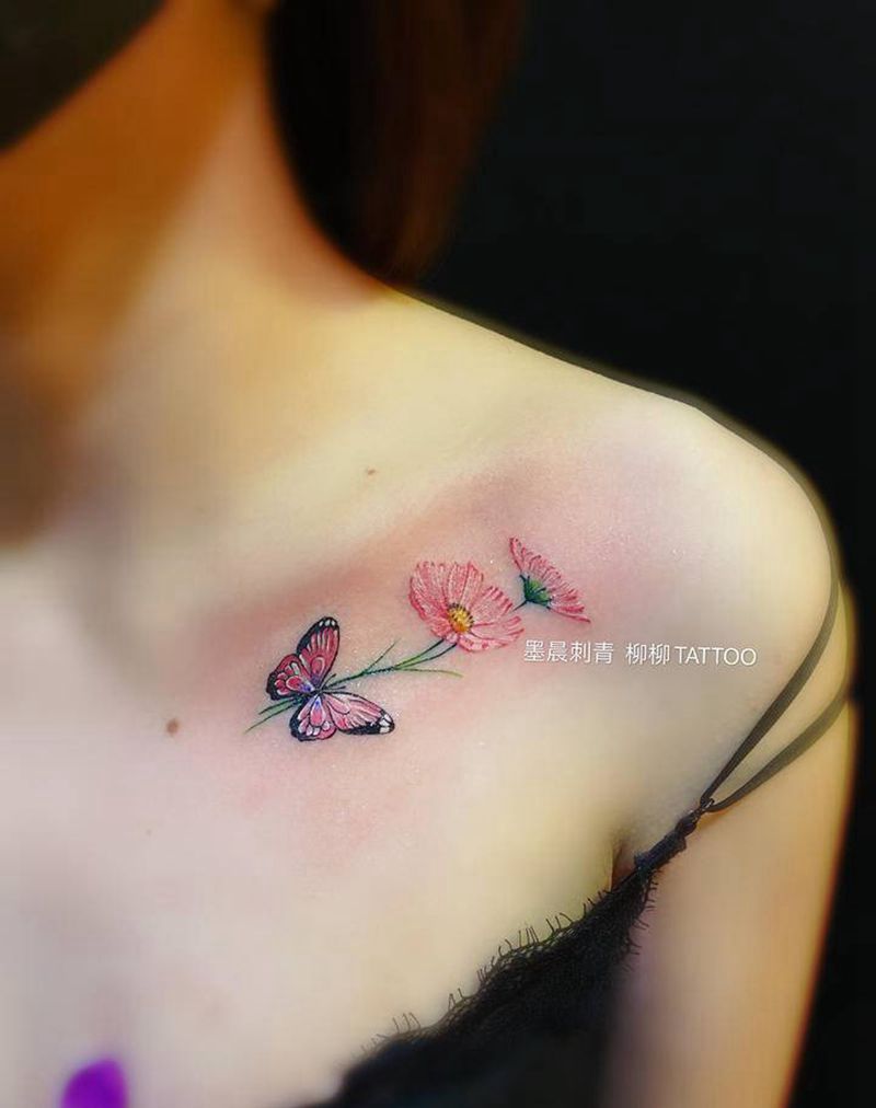 雏菊纹身图片_胸部纹身图案