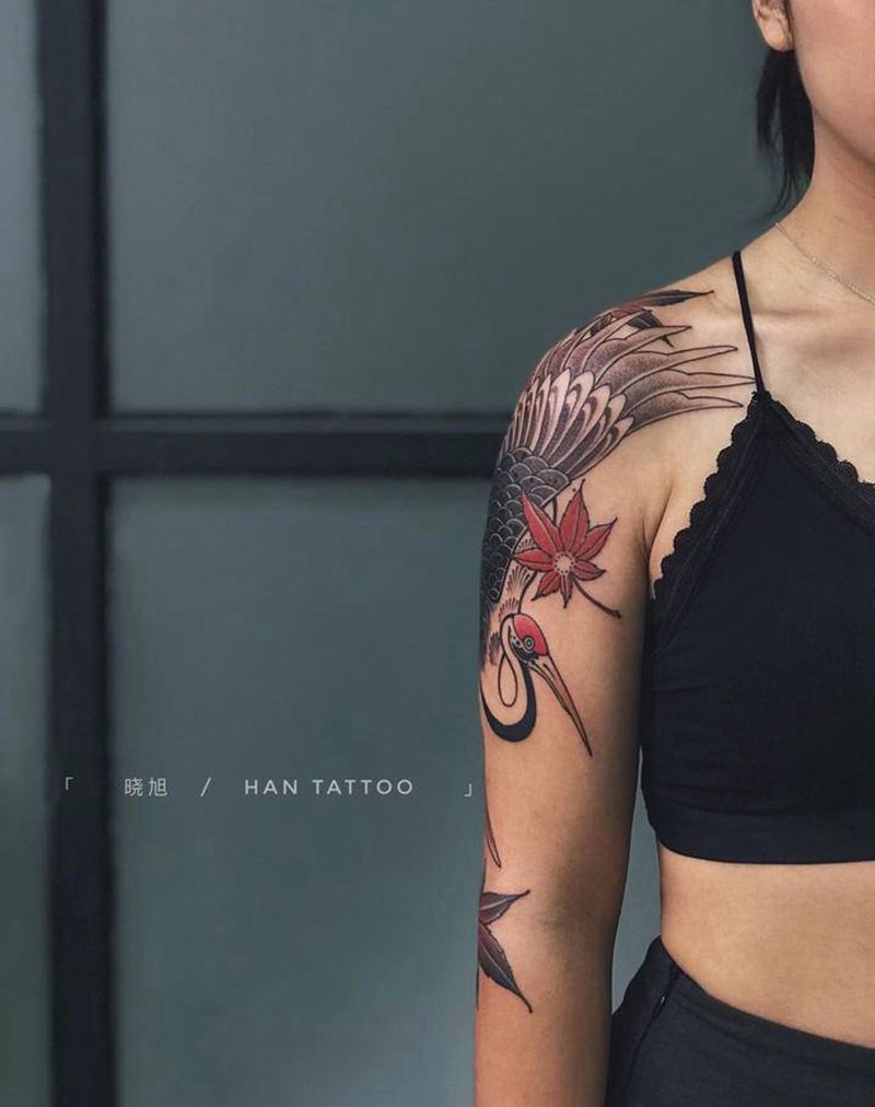 鹤纹身图片_手臂Old School新传统纹身图案