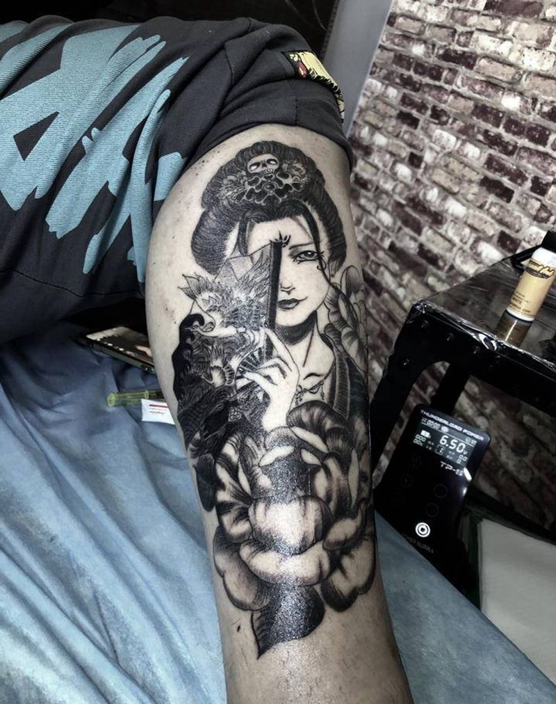 艺妓纹身图片_腿部新传统艺妓纹身图案