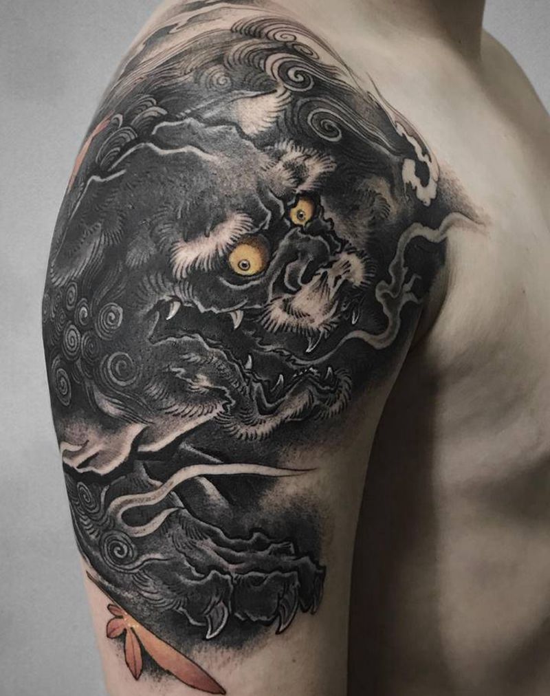 唐狮纹身图片_手臂肩部新传统唐狮纹身图案