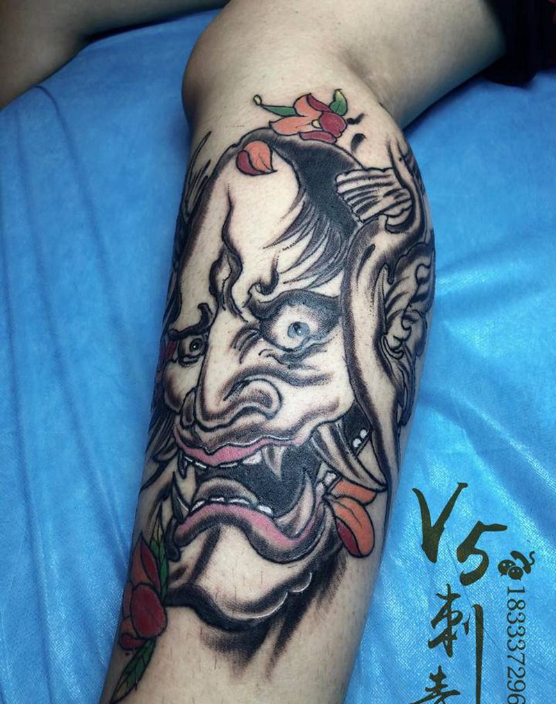 般若纹身图片_腿部新传统般若纹身图案