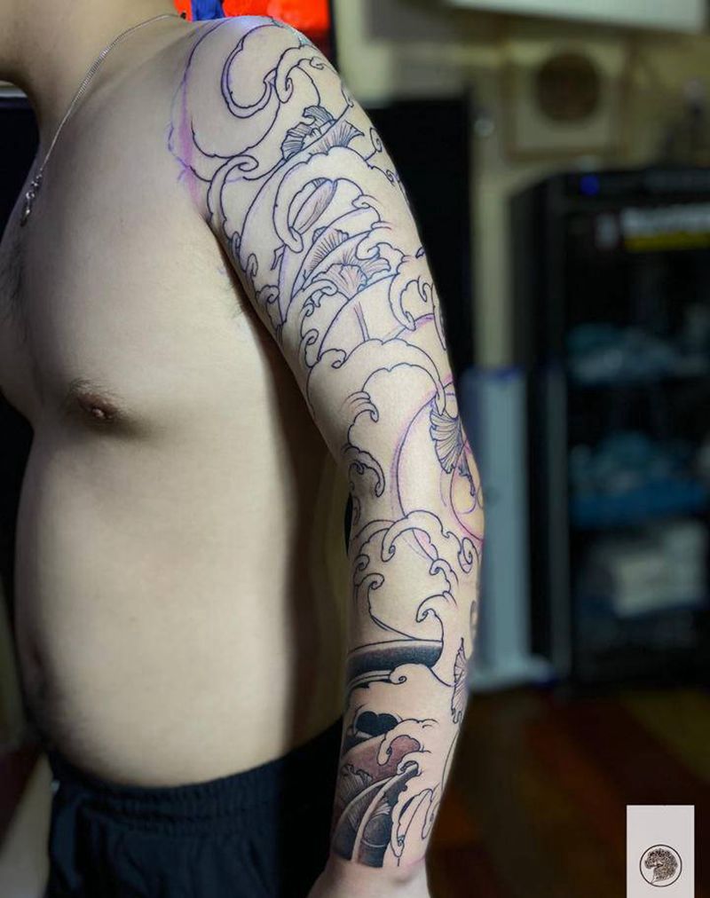 浪花花臂纹身图片_手臂纹身图案