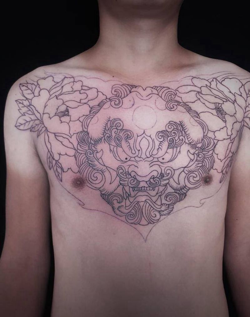 唐狮纹身图片_胸部纹身图案