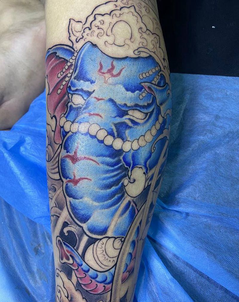 象神纹身图片_腿部臀部新传统水彩纹身图案