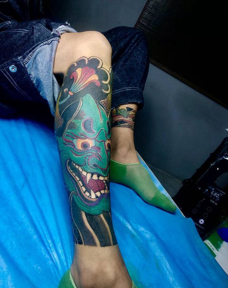 老传统包小腿纹身图片_老传统鱼般若纹身图案