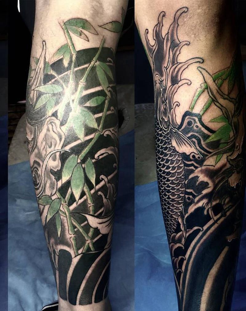 传统包小腿纹身图片_腿部老传统新传统般若鱼纹身图案