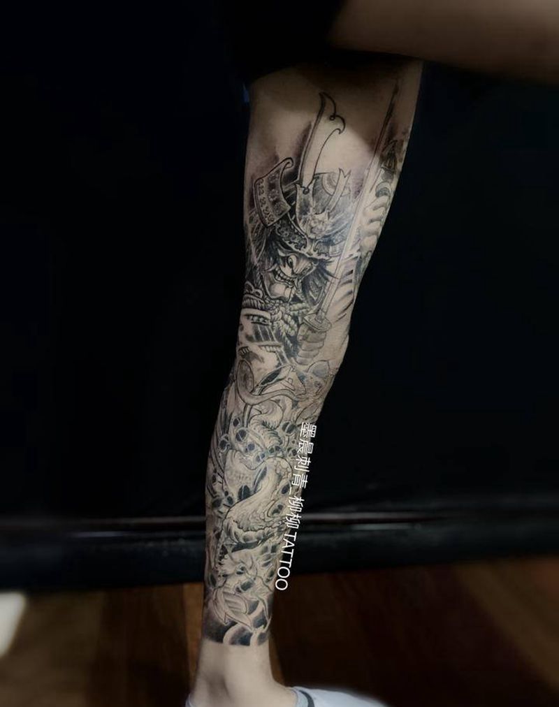 鬼武士纹身图片_腿部纹身图案