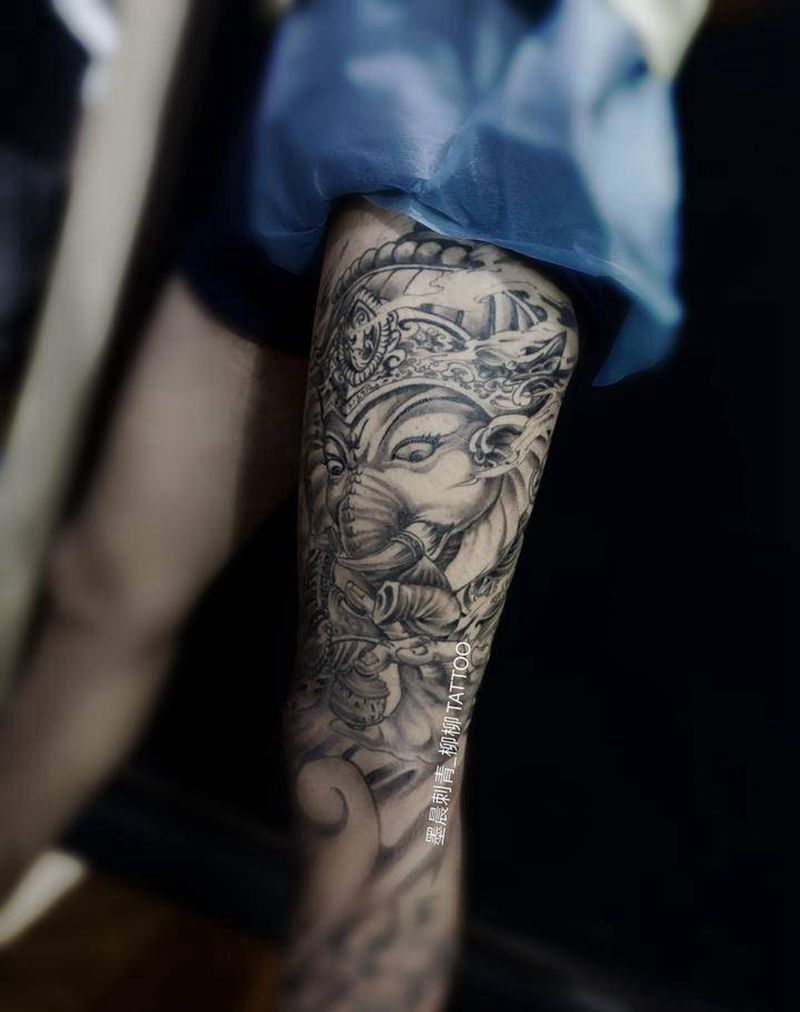 象神纹身图片_腿部纹身图案