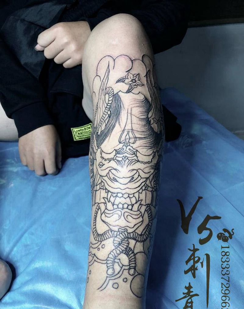 般若锦鲤纹身图片_腿部老传统般若鲤鱼纹身图案