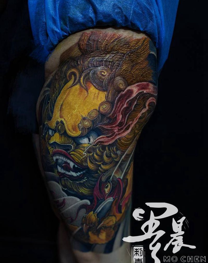 唐狮子纹身图片_腿部纹身图案