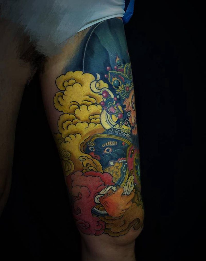 广目天王纹身图片_腿部纹身图案