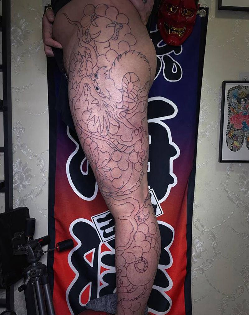 龙纹身图片_腿部老传统纹身图案