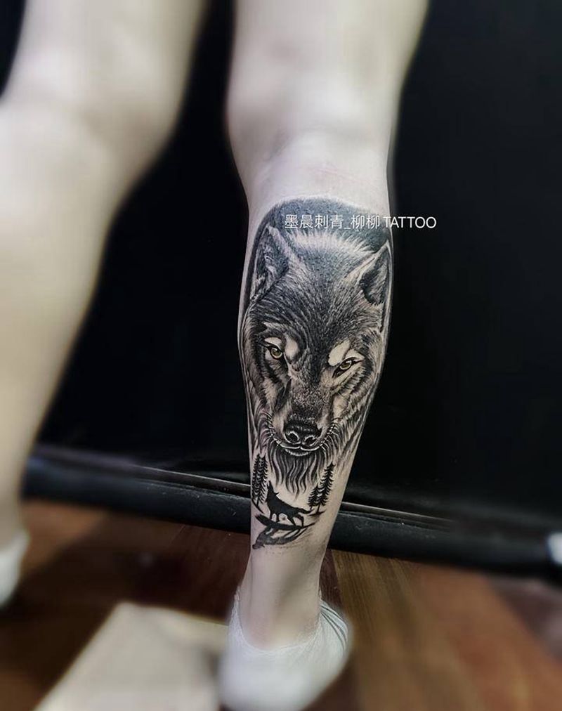 狼头纹身图片_腿部纹身图案