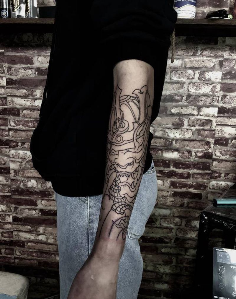 鬼武士线纹身图片_手臂老传统鬼武士纹身图案