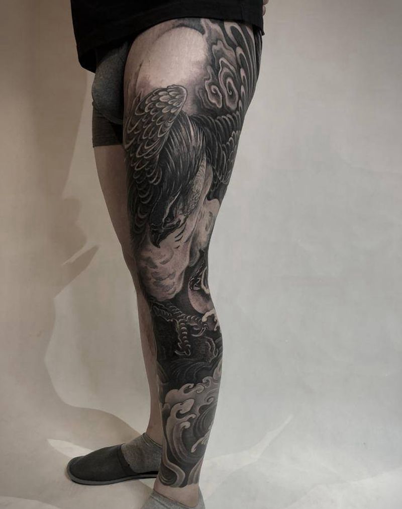 鹰纹身图片_腿部新传统鹰纹身图案