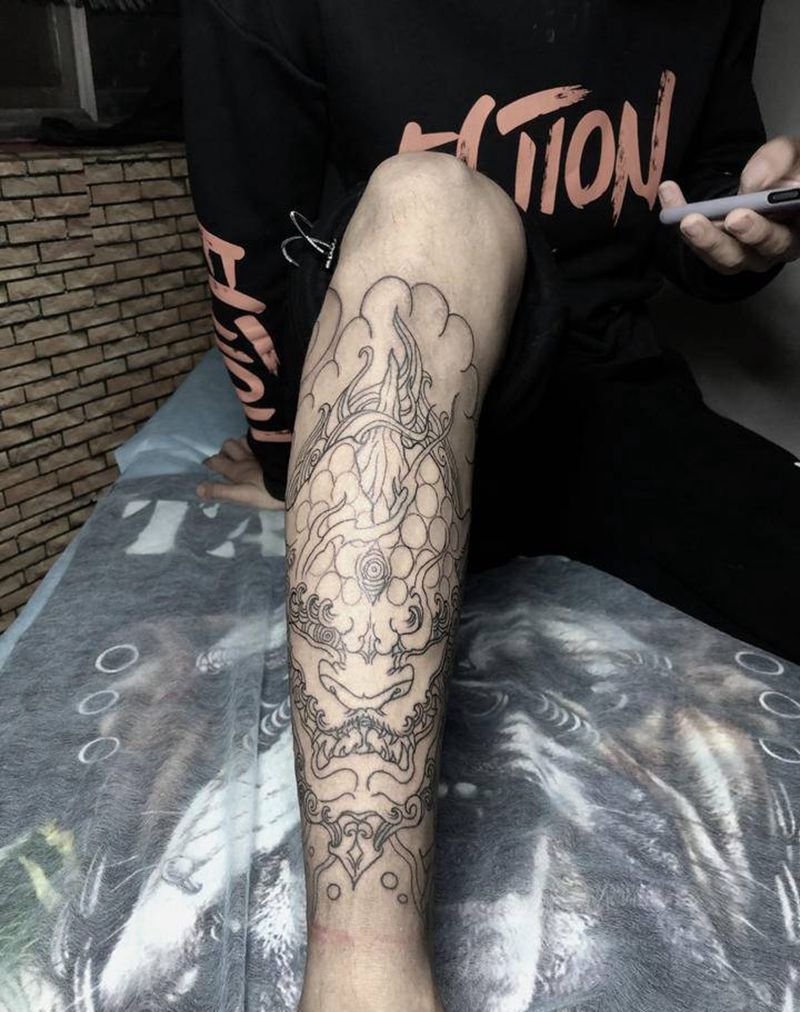 唐狮菊花纹身图片_腿部老传统唐狮菊花纹身图案