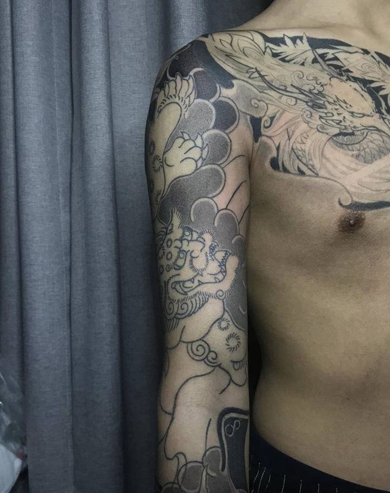 日式花臂唐狮纹身图片_老传统纹身图案