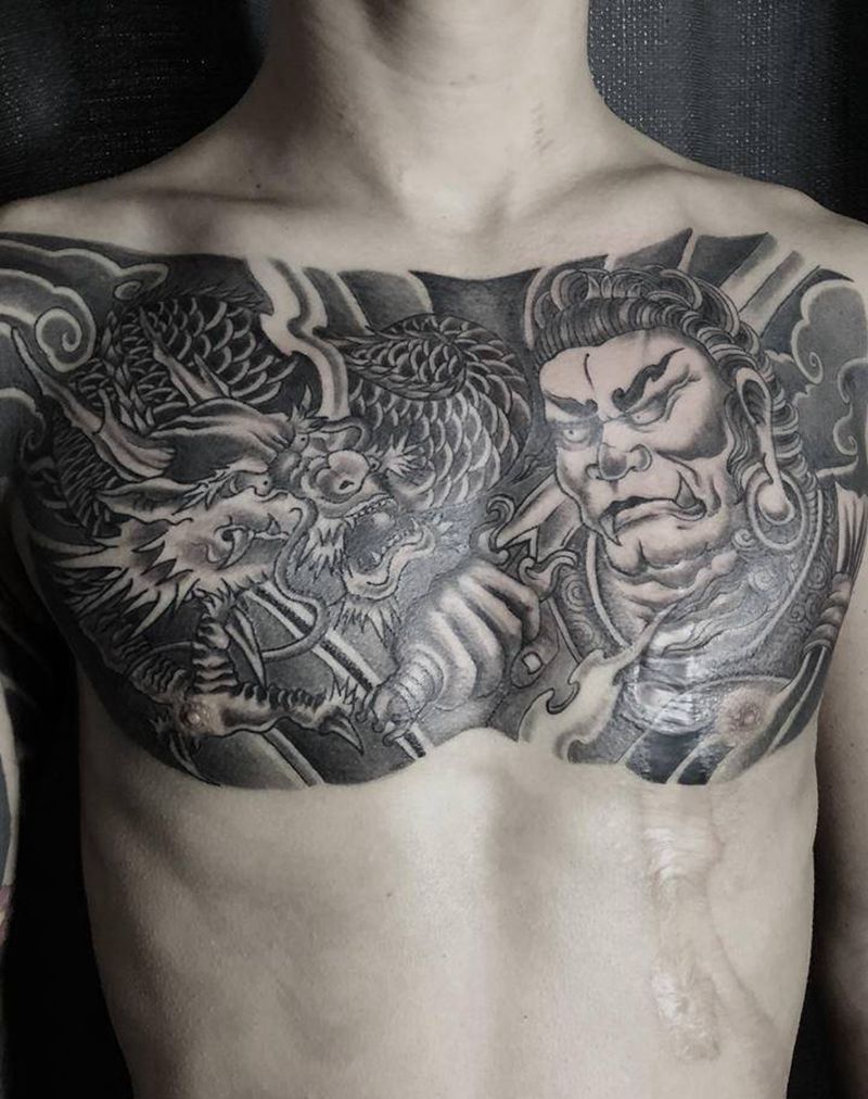 花胸纹身图片_胸部新传统不动明王纹身图案