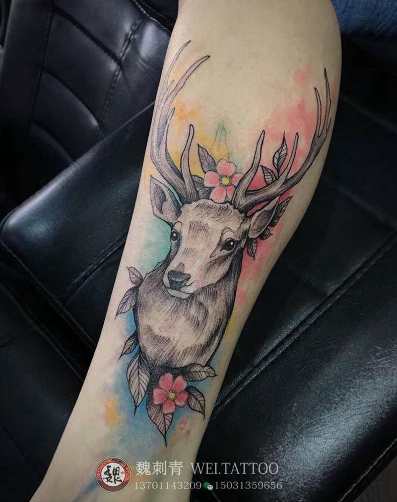 鹿纹身图片_欧美写实水彩纹身图案