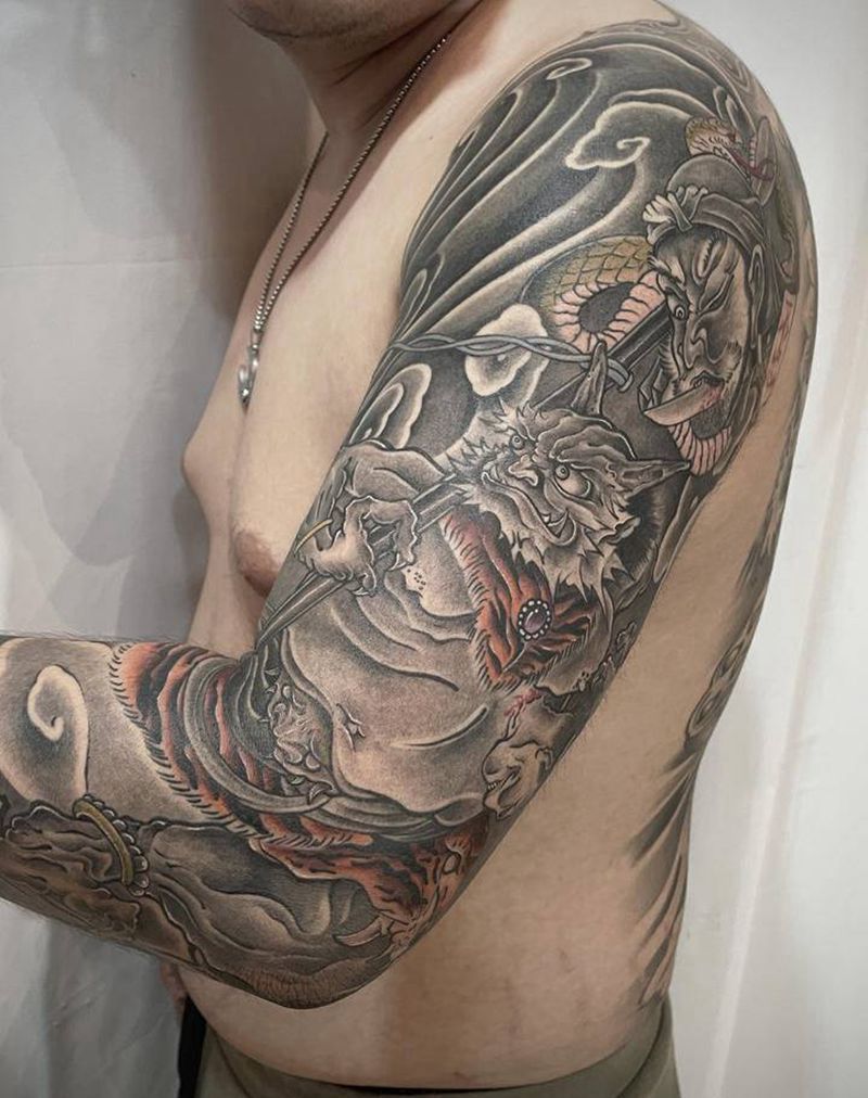 传统七分袖纹身图片_手臂肩部老传统新传统纹身图案