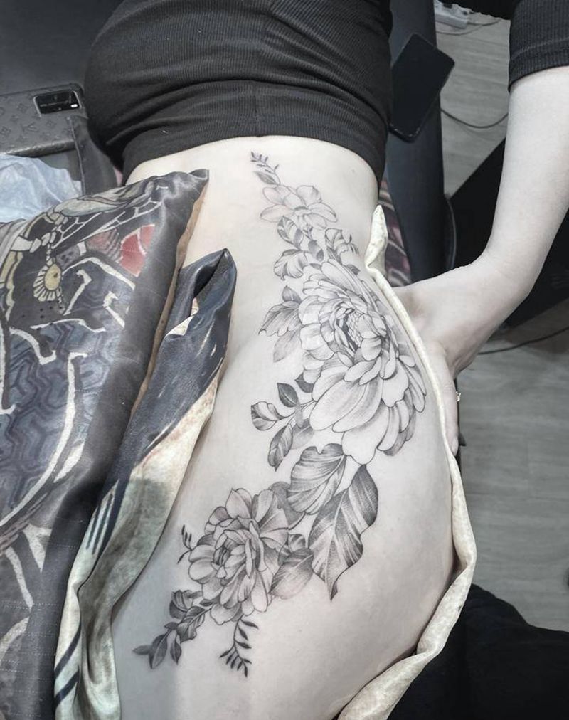 素花纹身图片_腿部腰部点刺纹身图案