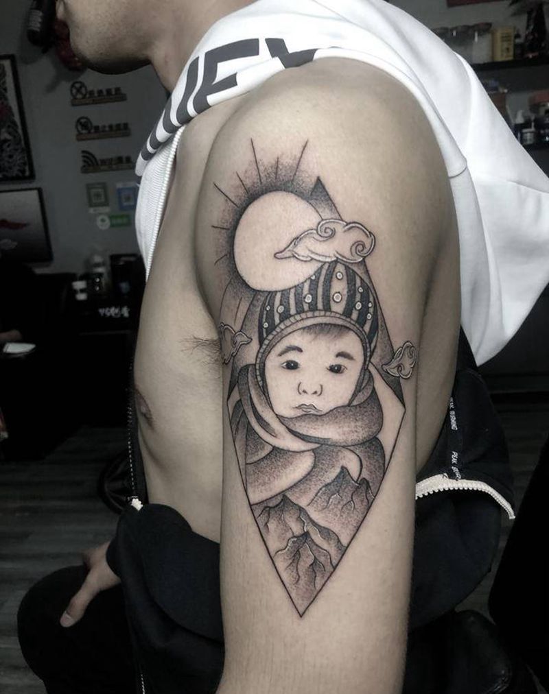 亲子纹身图片_手臂点刺几何纹身图案