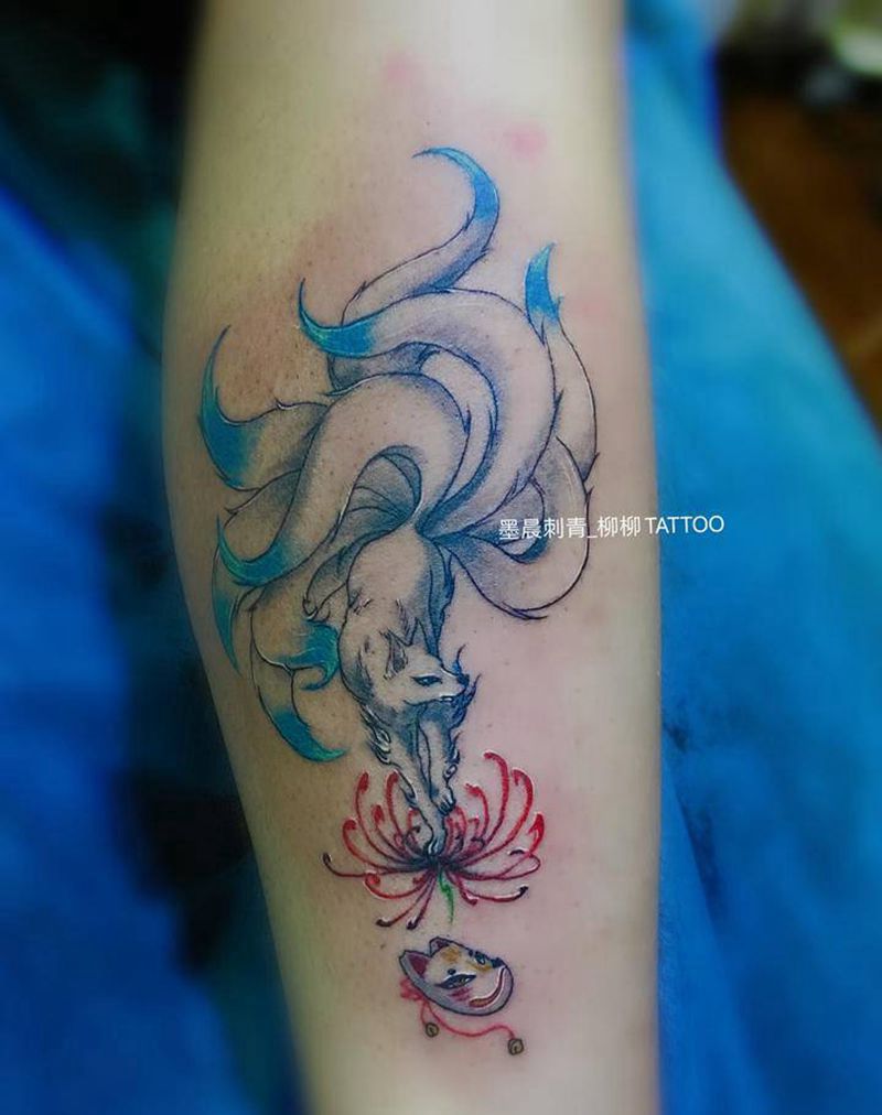 九尾狐纹身图片_腿部纹身图案