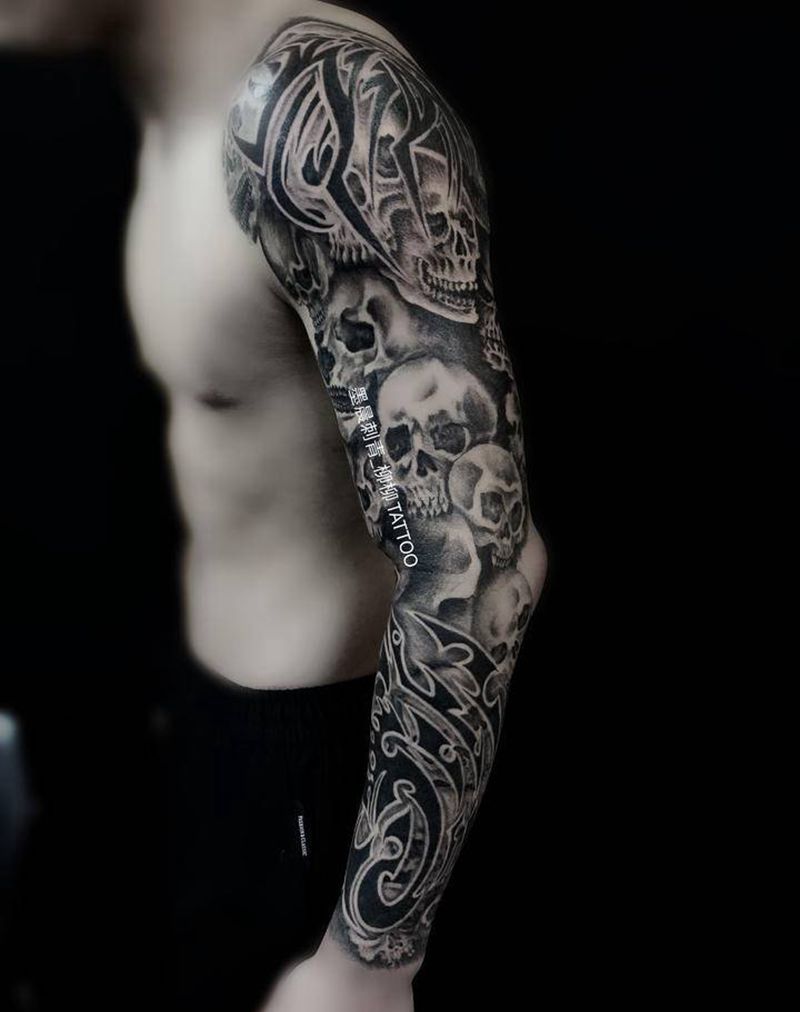 骷髅花臂纹身图片_手臂纹身图案