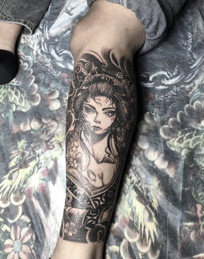 艺妓纹身图片_腿部新传统艺妓纹身图案