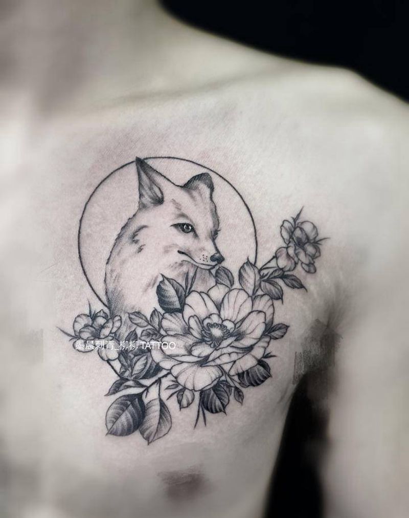 狐狸纹身图片_胸部纹身图案