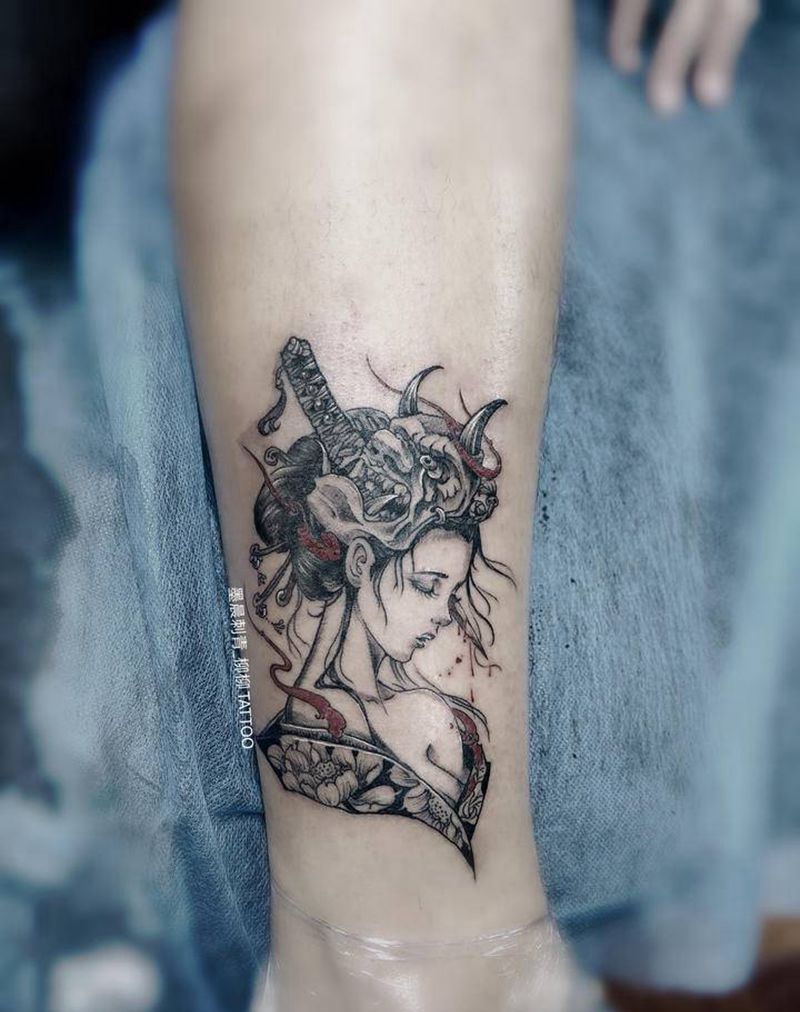 艺伎纹身图片_腿部纹身图案