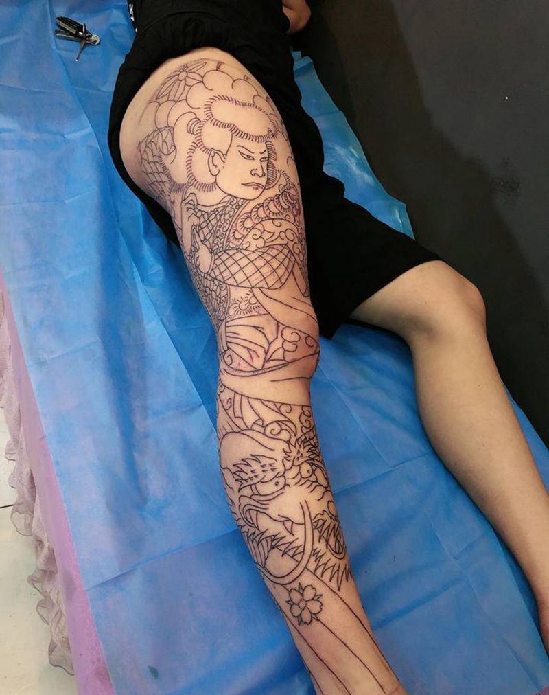 云龙九郎 初步线纹身图片_腿部臀部老传统纹身图案