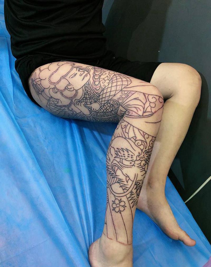 花腿线 恢复后上色纹身图片_腿部臀部老传统纹身图案