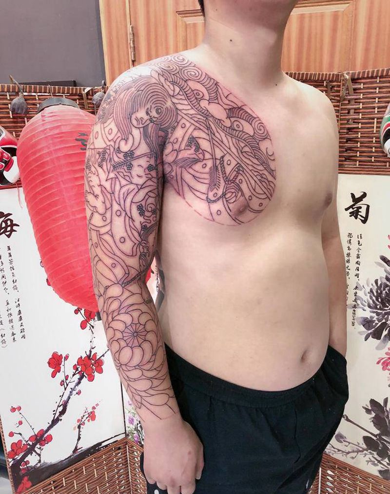 半胛花臂初步线条纹身图片_手臂胸部老传统纹身图案