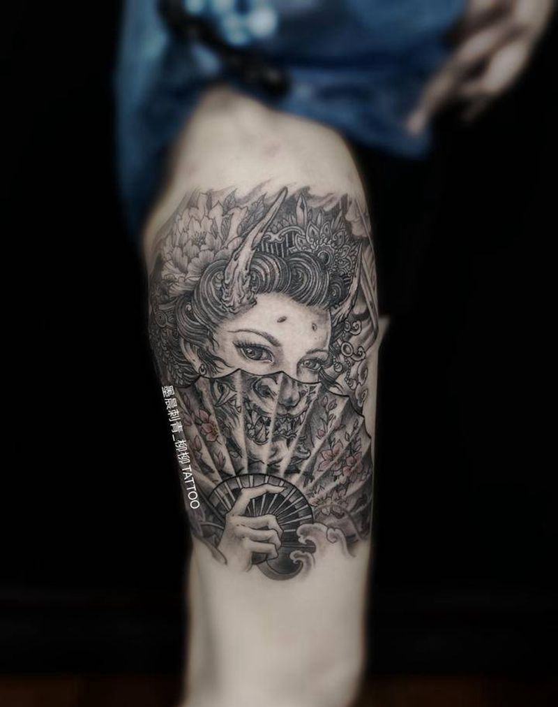 艺伎纹身图片_腿部纹身图案