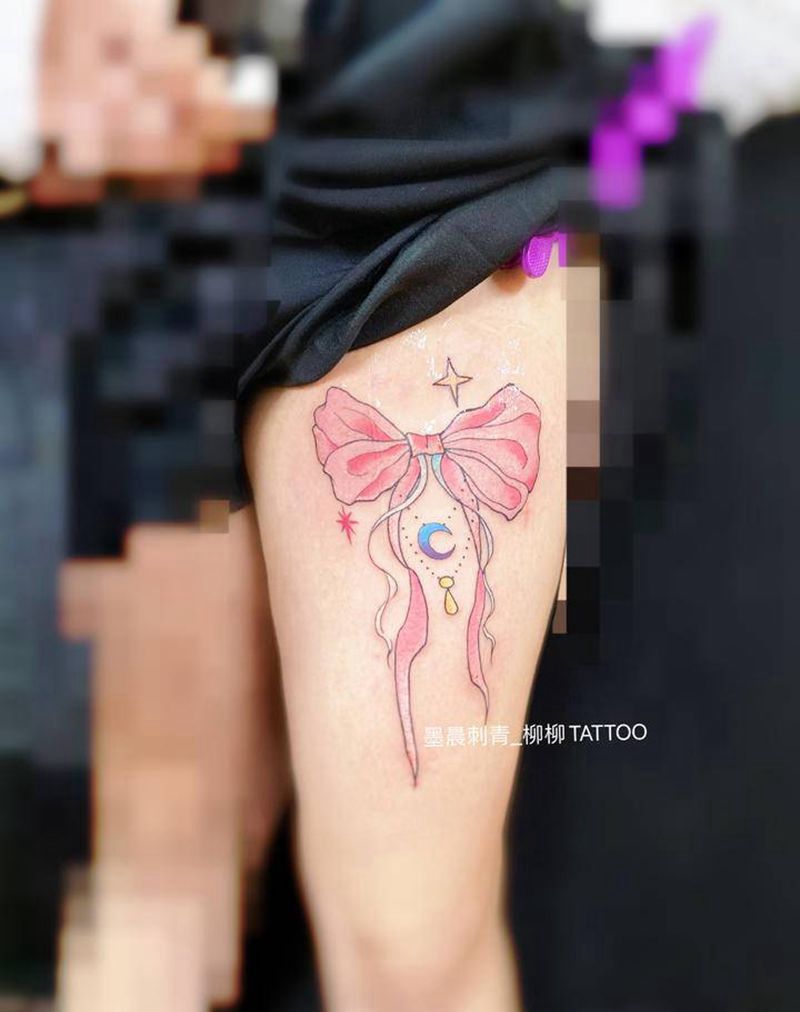 蝴蝶结纹身图片_腿部纹身图案