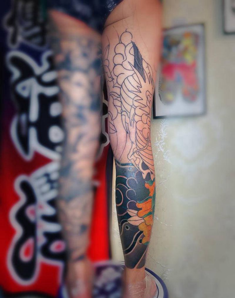 龙纹身图片_腿部新传统纹身图案