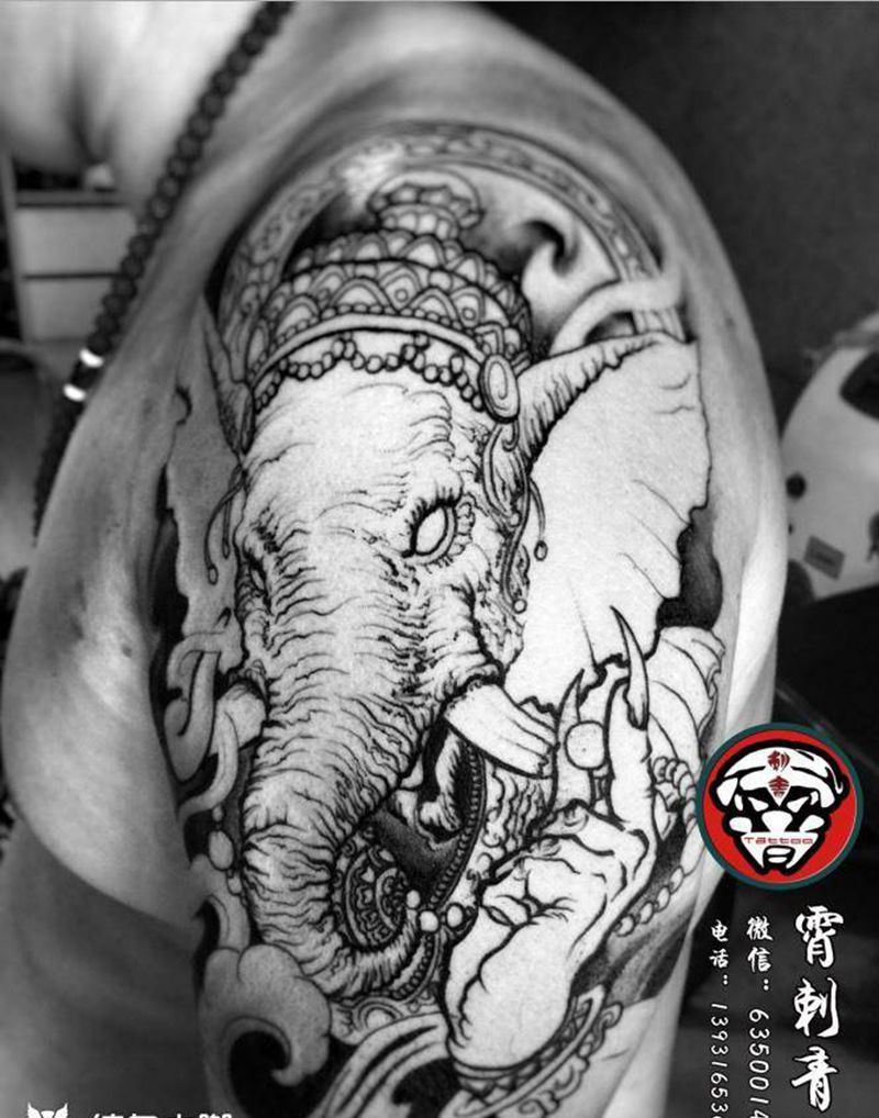 象神纹身图片_成品传统手臂动物纹身图案