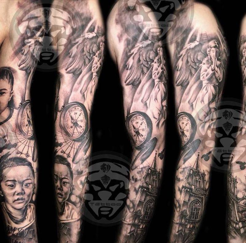 守护儿女纹身图片_成品手臂欧美肖像人物宗教纹身图案