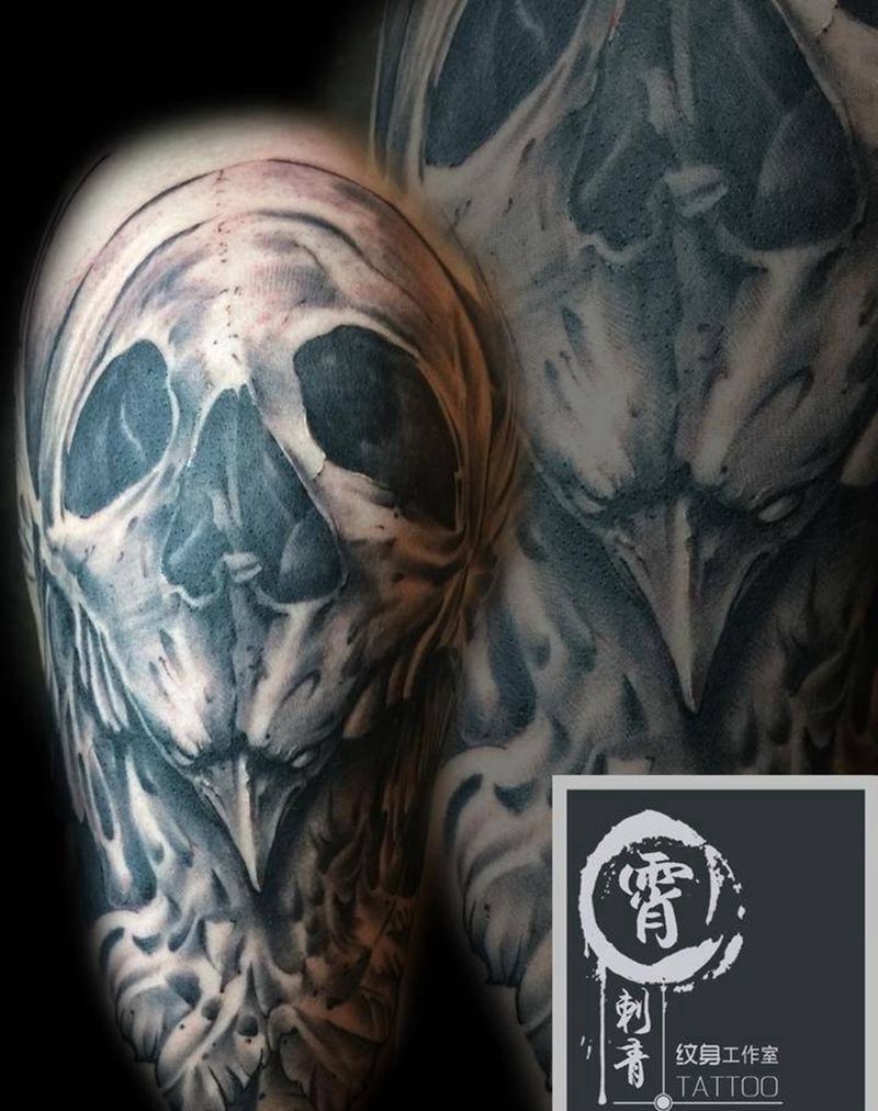 同构创意骷髅鹰纹身图片_成品手臂欧美动物纹身图案