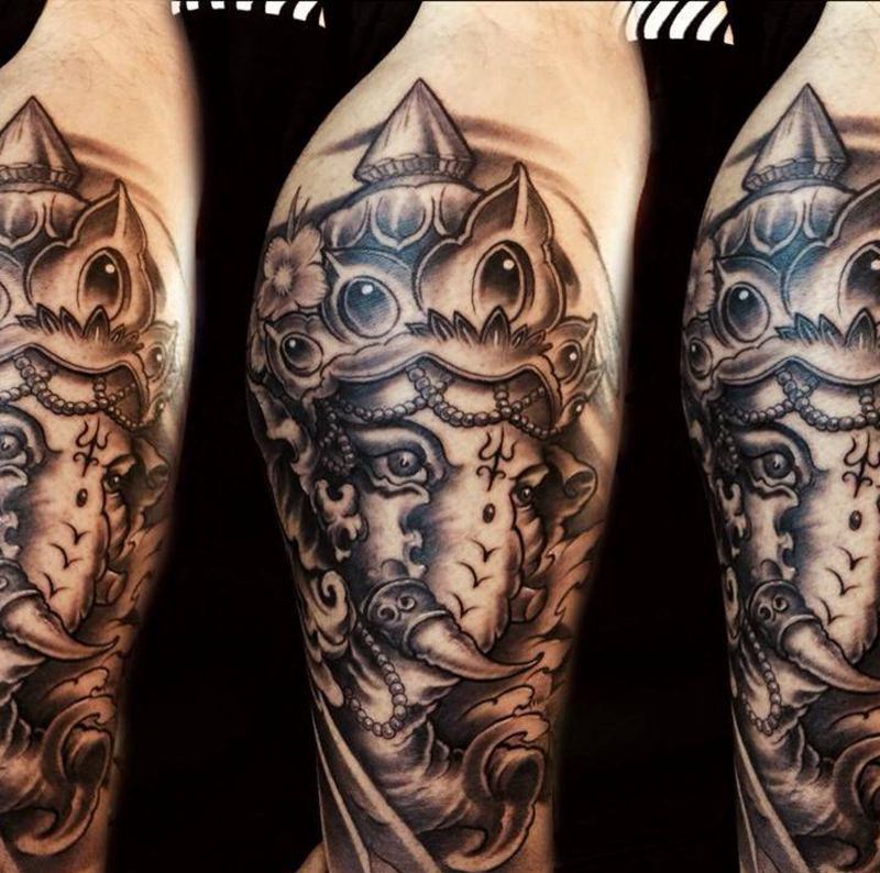 象神纹身图片_成品腿部传统纹身图案