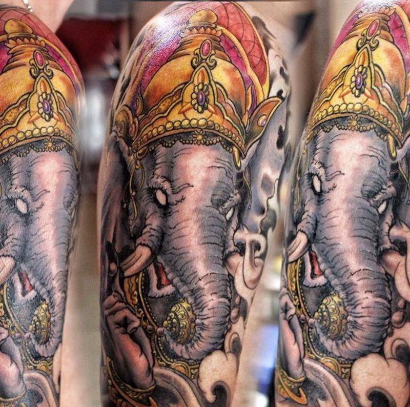 象神纹身图片_成品手臂传统宗教纹身图案
