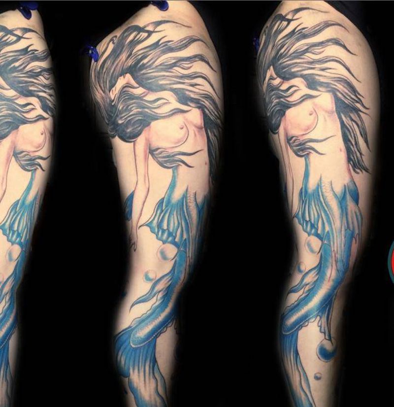 美人鱼纹身图片_成品腿部清新纹身图案