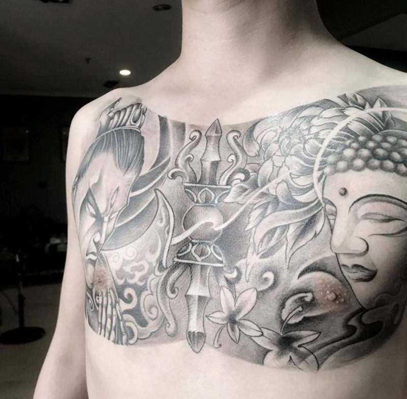 大V纹身图片_胸部新传统老传统纹身图案